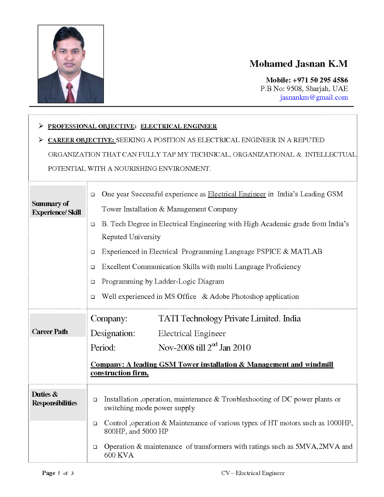 Technical resume format for electrical experience